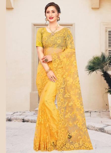 Yellow Colour NARI ULTIMATE Fancy Party Wear Net Resham Embroidery And Moti Stone Work Saree Collection 898